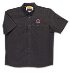 The Orvis® Men's Tech Chambray Black Work Shirt Short Sleeve shown open and closed.