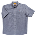 The Orvis® Men's Tech Chambray Blue Work Shirt Short Sleeve shown open and closed.